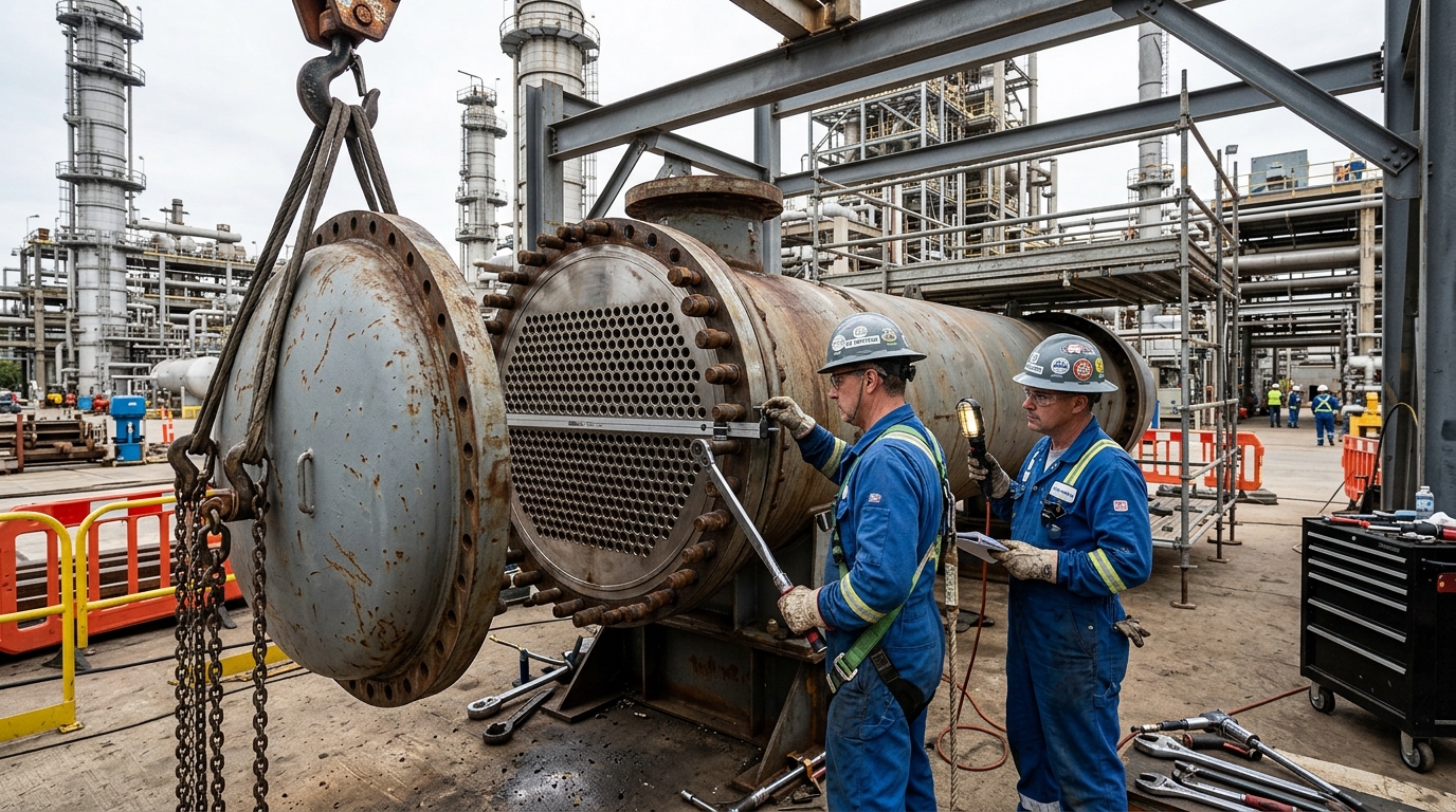 Refinery technicians servicing shell-and-tube heat exchanger